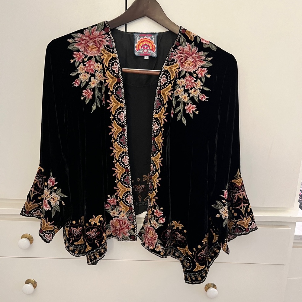 Johnny Was Floral Embroidered Black Velvet Kimono